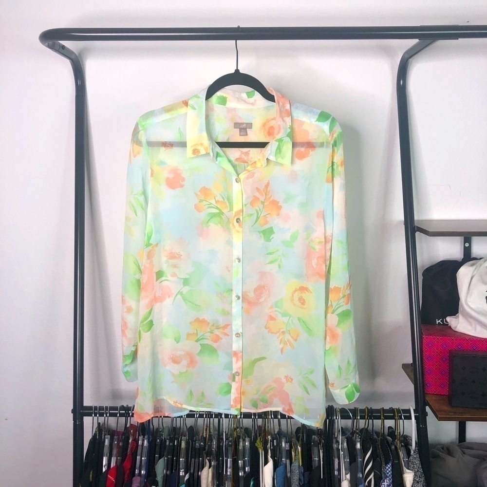 J. Jill Sheer Floral Button Up Blouse